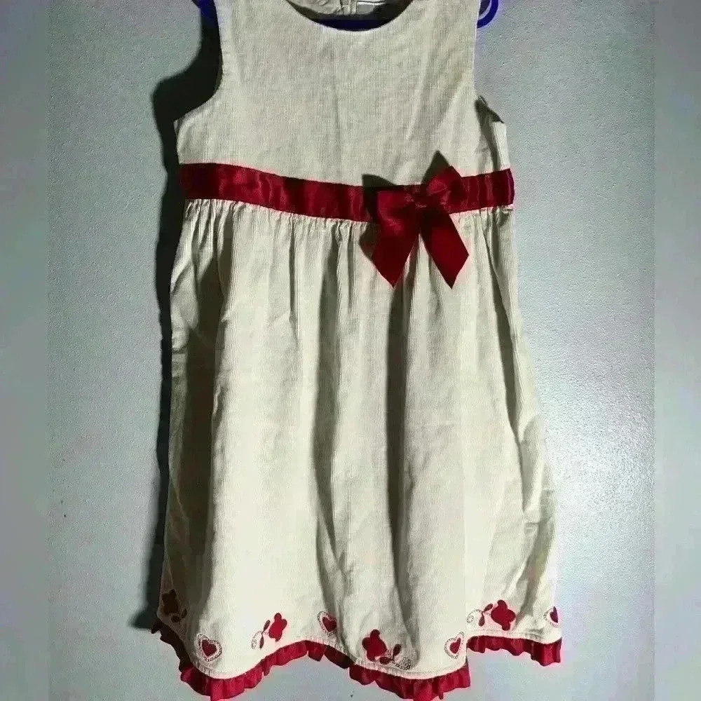 Hanna Andersson size 8 Jumper Dress White Corduroy Red Bow Dutch Amish 130